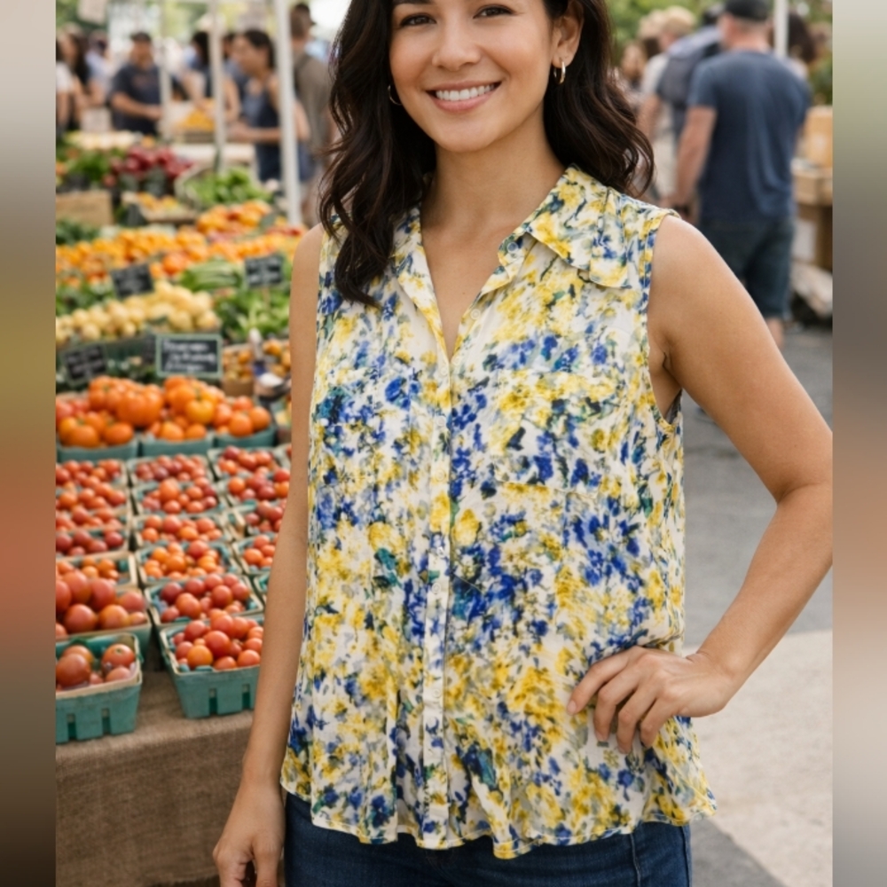 Liz Claiborne Blouse Women's PXL Sleeveless Pocket Blue Yellow Floral Button Up